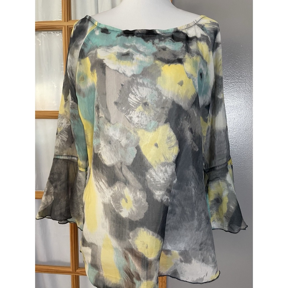 Paisley & Sage Floral Sheer Blouse Sz L Yellow Gray Bell Sleeve Silky Soft Boho